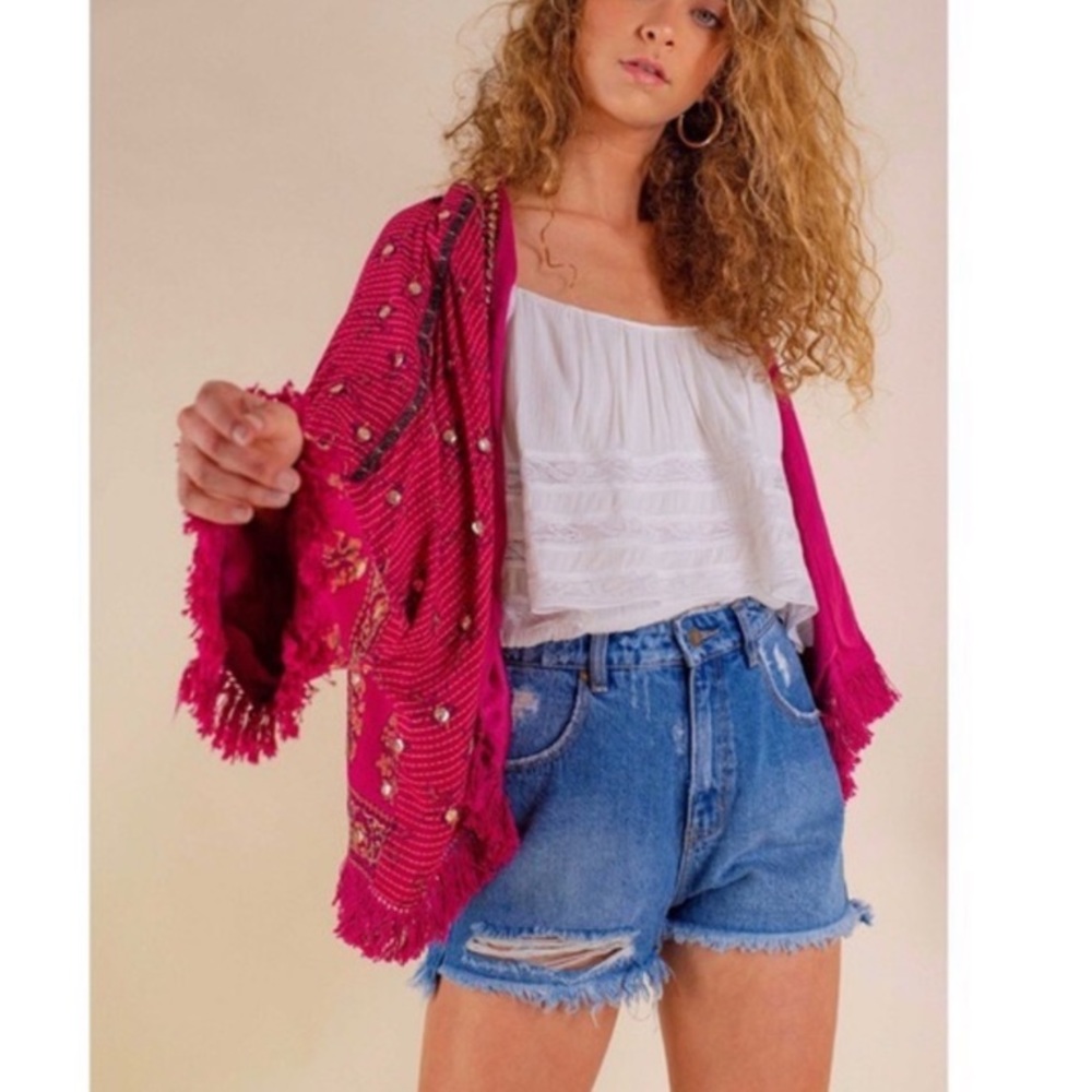 NWT FREE PEOPLE Rays of light beaded embellished fringe Kimono jacket size M